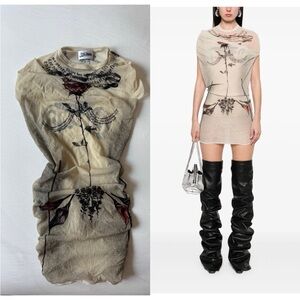 Jean Paul Gaultier Beige 'The Short Tattoo Rose and Bird' Minidress